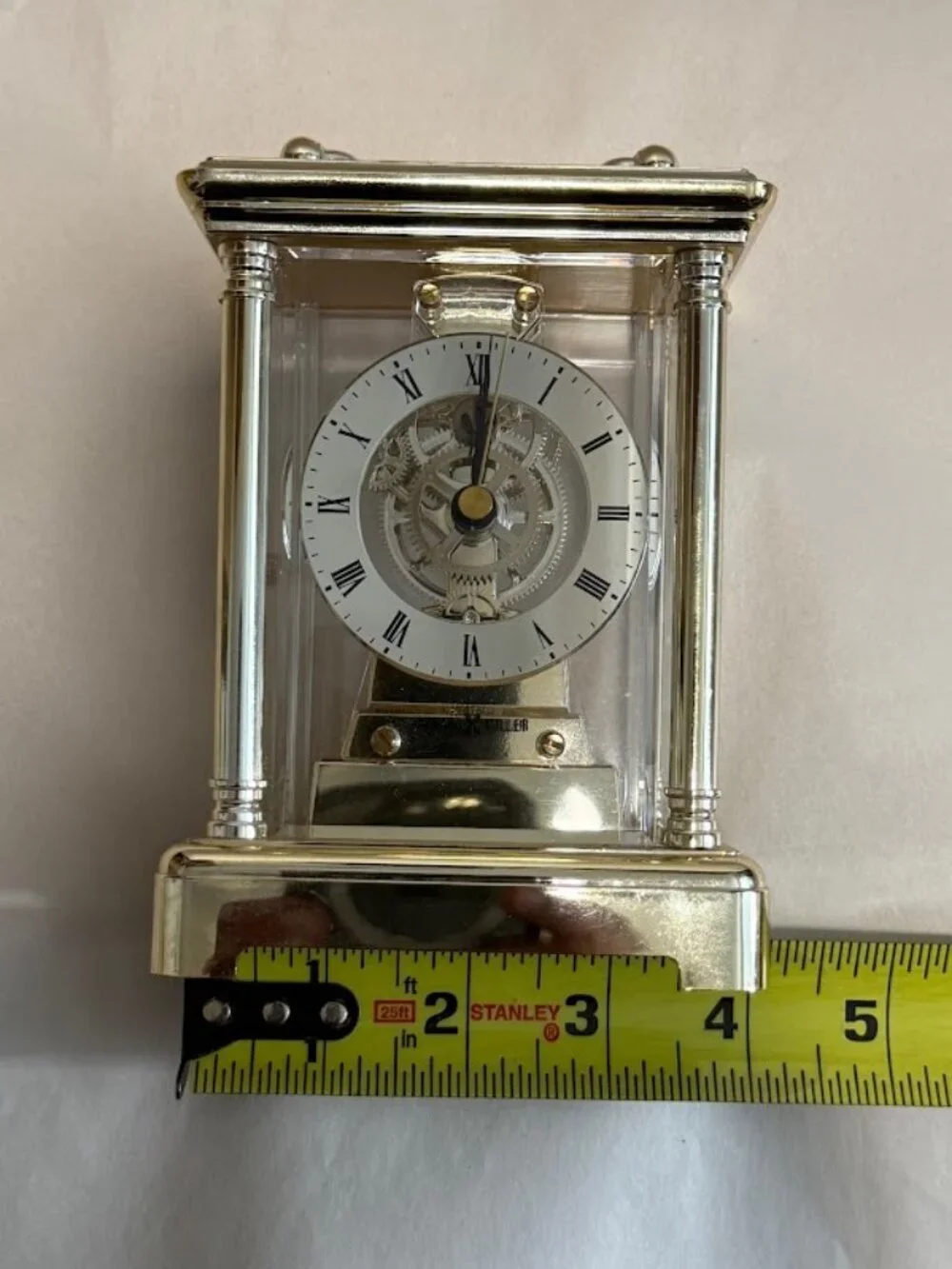 Howard Miller Carriage Clock Vintage Skeleton Brass & Glass Mantel Clock